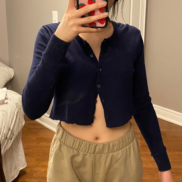 Navy button cropped cardigan - Picture 7 of 9